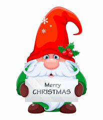 Funny gnome holding placard with greetings