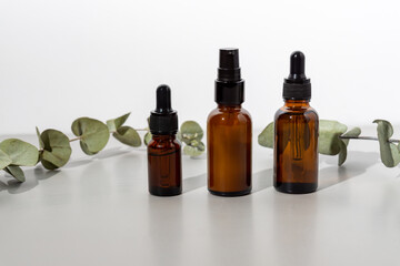 Set of natural organic cosmetics with eucalyptus essential oil . Alternative medicine concept, Mock up for brands of eco friendly cosmetics