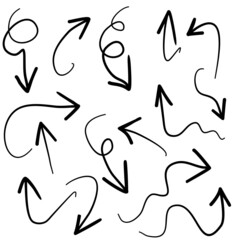 Set of black directional pencil sketch symbols of doodle hand-drawn arrows. for web design graphics on white background. Vector illustration