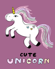 Little cute unicorn text with hearts. Children's cartoon character pony on a purple background. Baby print, banner, brochure.