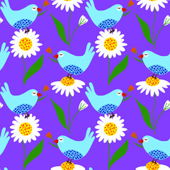 Obraz premium Abstract Hand Drawing Cute Birds Pigeons and Daisy Camomile Flowers Leaves Seamless Vector Pattern Isolated Background