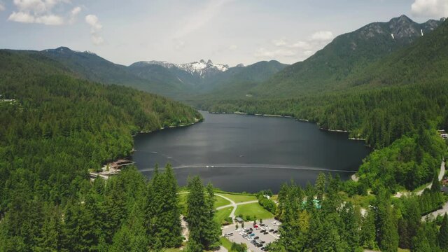 Aerial view of the spectacular mountain scenery around Capilano Lake in North Vancouver.