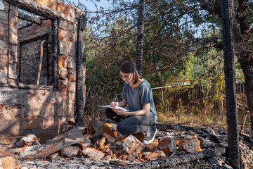 Young woman writes on the papers sitting in front of house destroyed with fire. Damaged window,...