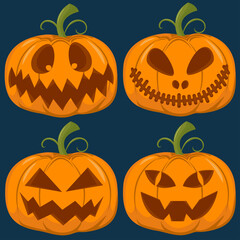 Set of four pumpkins for Halloween on dark blue background. Vector illustration