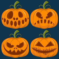 A set of pumpkins with different emotions for Halloween on dark blue background. Vector illustration