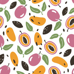 Cute plum seamless pattern. Bright plums, lobules, leaves and seeds. Vector flat hand drawn illustration