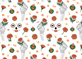 El Dia de Los Muertos seamless pattern. Skeleton hand holding marigold flower and face of la muerte on a white background. Halloween pattern. Vector illustration