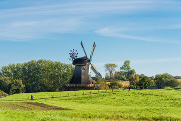 Eine grüne Wiese mit einer Windmühle im Hintergrund