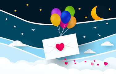 Love and valentine day. Balloon carries love letter
