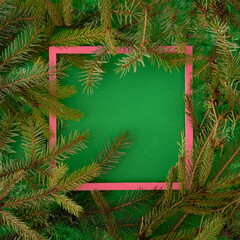 Christmas tree creative copy space. Winter background made with natural fir branches. Evergreen flat lay. Jungle creative concept
