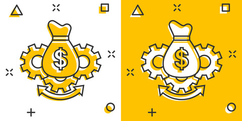 Money optimization icon in comic style. Gear effective cartoon vector illustration on white isolated background. Finance process splash effect business concept.
