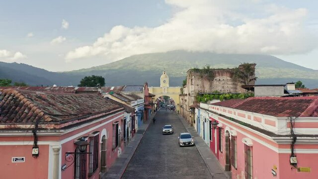 An aerial 4K footage of the old city of Antigua in Guatemala