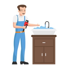 Fault in Kitchen Closet Concept, Man holding Pipe Wrench Vector Icon Design, Plumber equipment Symbol, Handyman Service Works Sign, Sanitary technician Stock illustration