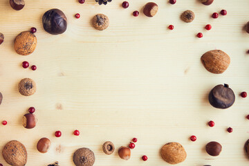 Autumn composition. Frame made of nuts, berries and cones on wooden background. Flat lay, top view, copy space