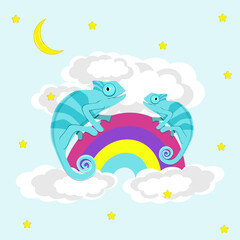 Chameleons walking on rainbow. flat vector illustration.