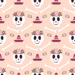 Day dead skull seamless pattern Frida Kahlo. Dia de los muertos skull. Symbol of day dead vector illustration. Cute skull graphic background. Pink spooky print Spanish, mexican tradition. Woman skull.