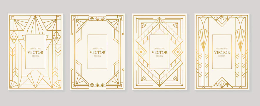 Naklejki Gold and Luxury Invitation card design vector. Abstract geometry frame and Art deco pattern background. Use for wedding invitation, cover, VIP card, print, poster and wallpaper. Vector illustration.