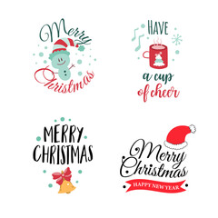 Set of four Christmas logotype or insignia. Cute cartoon Christmas tree. Vector