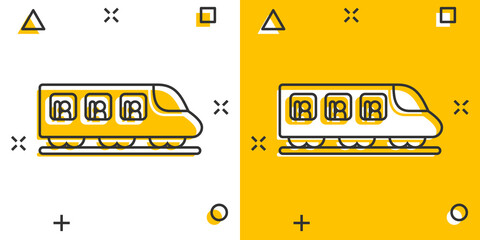Metro icon in comic style. Train subway cartoon vector illustration on white isolated background. Railroad cargo splash effect business concept.