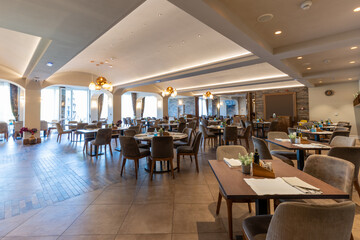Interior of an empty modern hotel restaurant