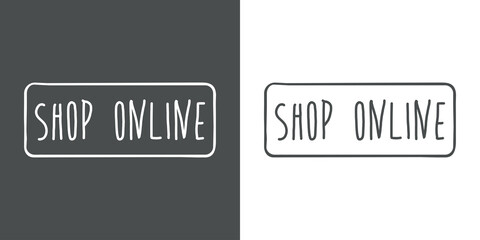 Banner con texto manuscrito Shop Online en cuadrado con lineas en fondo gris y fondo banco