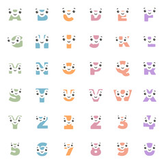 Set of funny kawaii characters in the shape of letters and numbers, vector clip art.
