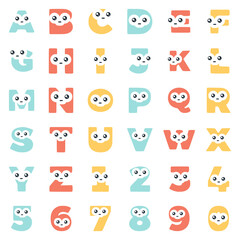 Set characters in the shape of letters and numbers with a cute face, vector clip art.