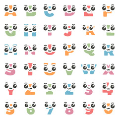 Set of cute kawaii characters in the shape of letters and numbers with big eyes, vector clip art.