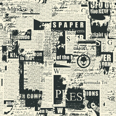 Abstract seamless pattern with collage of newspaper clippings and scribbles. Vector background with illegible text, titles and doodles on old paper. Wallpaper, wrapping paper, fabric in grunge style