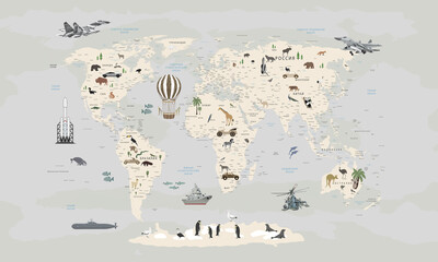 world map in pastel colors with hand drawn animals, kids room design - 461671529