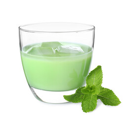 Delicious mint liqueur with ice cubes and fresh leaves isolated on white