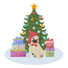 Cute Christmas illustration depicting a Christmas tree with gifts and a cute pug sitting surrounded by gifts. Children s New Year s illustration. Holiday card, vector illustration