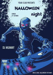 Egyptian Pharaoh Mummy mixing music on a DJ Mixer. Dark blue Halloween party flyer template. A4 format. EPS10 Vector illustration.