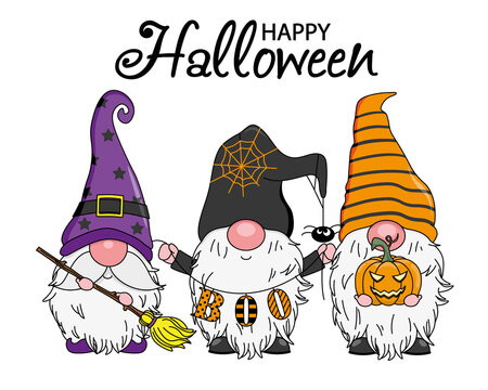 Halloween Card. Three Cute Gnomes. Isolated Vector