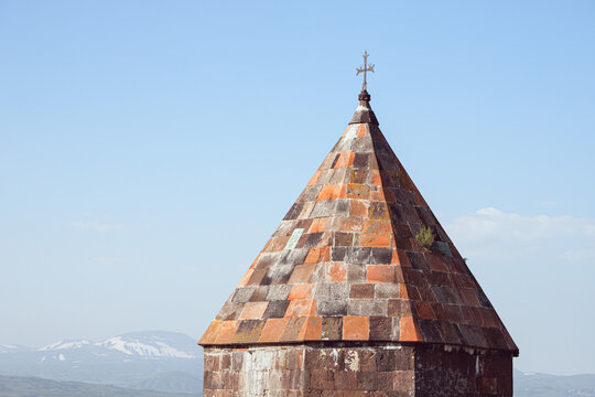 Close-up of the dome of the ancient Armenian Church in the Medieval monastery complex Sevanavank near Lake Sevan.