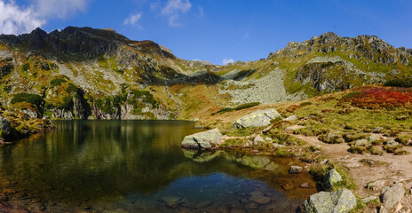 Fototapeta na wymiar amazing different colors at a mountain lake in the summer panorama