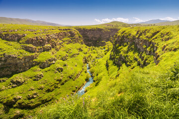 Panoramic view of the picturesque canyon and gorge carved into the rocks by Urut and Dzoraget River in Lori province in Armenia
