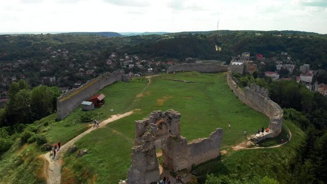 13th century Kremenets Castle aerial view. Summer day. The castle was built of limestone on a steep hill. Ternopil Oblast, Ukraine