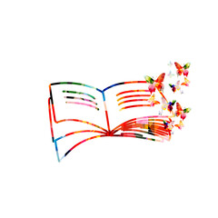 Reading, knowledge, education concept. Colorful inspirational open book with butterflies isolated. Design for library, literature, university, school, courses, lessons, classes. Vector illustration