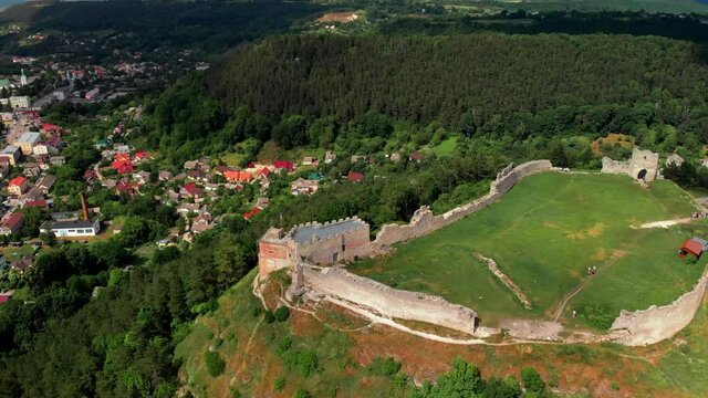 13th century Kremenets Castle aerial view. Summer day. The castle was built of limestone on a steep hill. Ternopil Oblast, Ukraine