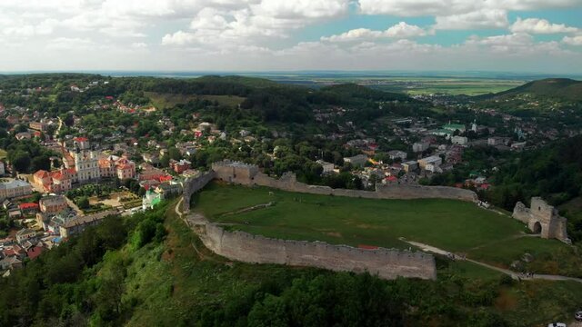13th century Kremenets Castle aerial view. Summer day. The castle was built of limestone on a steep hill. Ternopil Oblast, Ukraine