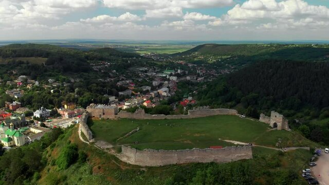 13th century Kremenets Castle aerial view. Summer day. The castle was built of limestone on a steep hill. Ternopil Oblast, Ukraine