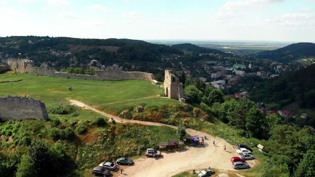 13th century Kremenets Castle aerial view. Summer day. The castle was built of limestone on a steep hill. Ternopil Oblast, Ukraine