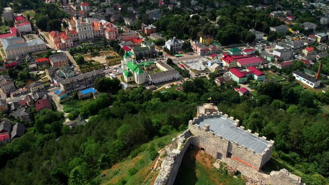 13th century Kremenets Castle aerial view. Summer day. The castle was built of limestone on a steep hill. Ternopil Oblast, Ukraine