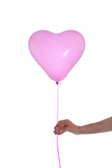 Woman holding heart shaped balloon isolated on white, closeup