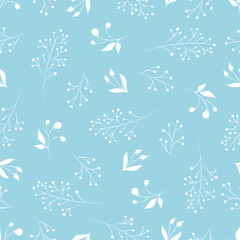 Christmas, New Year, holidays seamless pattern with painted twigs, stars and snowflakes on a blue background. Winter texture for printing, paper, design, fabric, decor, food packaging, backgrounds.