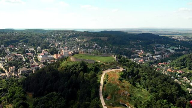 13th century Kremenets Castle aerial view. Summer day. The castle was built of limestone on a steep hill. Ternopil Oblast, Ukraine