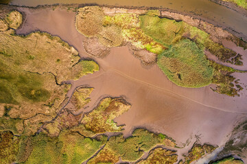 Top Downe view of Tidal Creek at River Teign from a drone, Newton Abbot, Devon, England