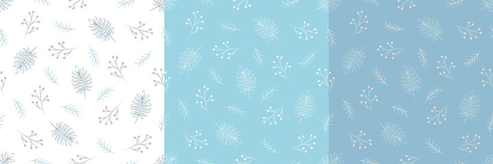 Christmas, New Year, holidays, a set of seamless patterns with painted twigs, stars and snowflakes. Winter texture for printing, paper, design, fabric, decor, gift, food packaging, backgrounds