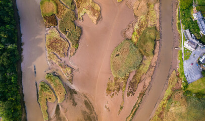 Top Downe view of Tidal Creek at River Teign from a drone, Newton Abbot, Devon, England
